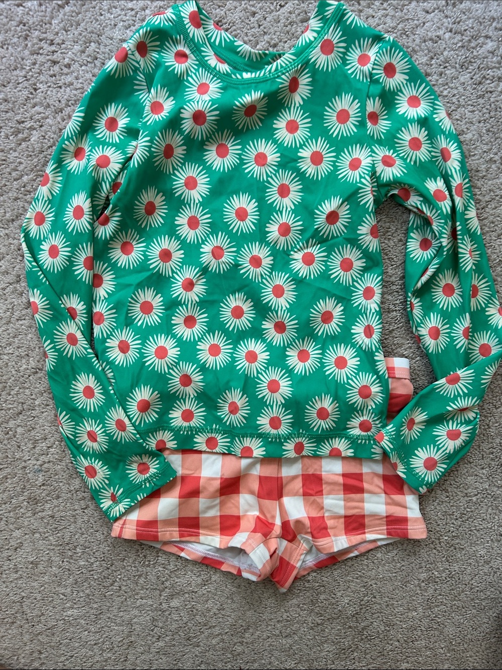 Hanna Andersson 140 10  Daisy Long-Sleeve Swim Top and Coral Gingham Swim Shorts